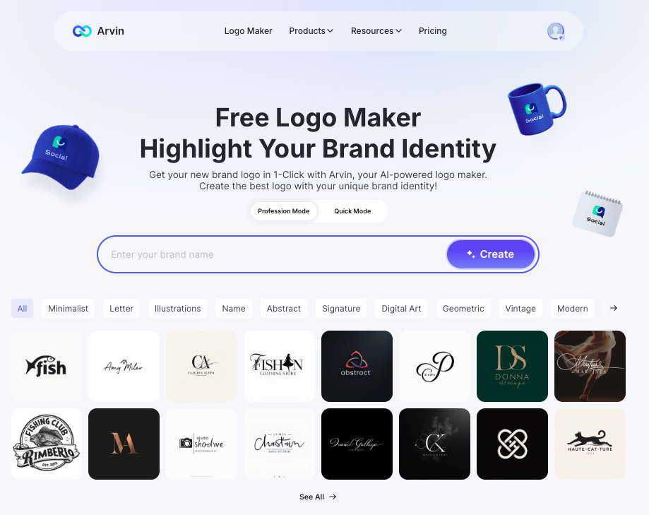 Arvin AI Logo Maker homepage offering custom branding solutions.